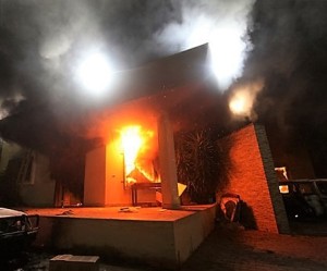 U.S. Consulate in Benghazi, Libya on fire in September of 2012 (photo courtesy of Reuters News Service and the Associated Press, 2012)... 